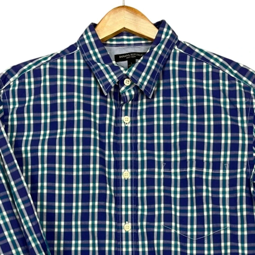Banana Republic Button Down Shirt Mens Large Purple Plaid Long Sleeve Flip Cuffs